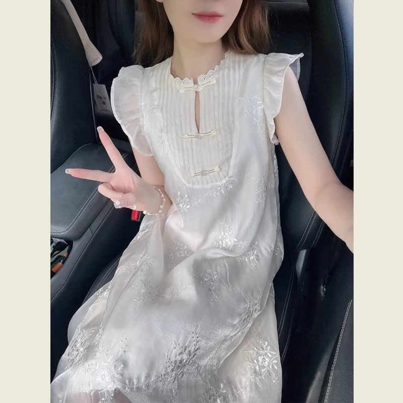[COD]Gaun putih wanita kelas atas, gaya lembut, lengan pendek berkibar, gaun panjang awet muda