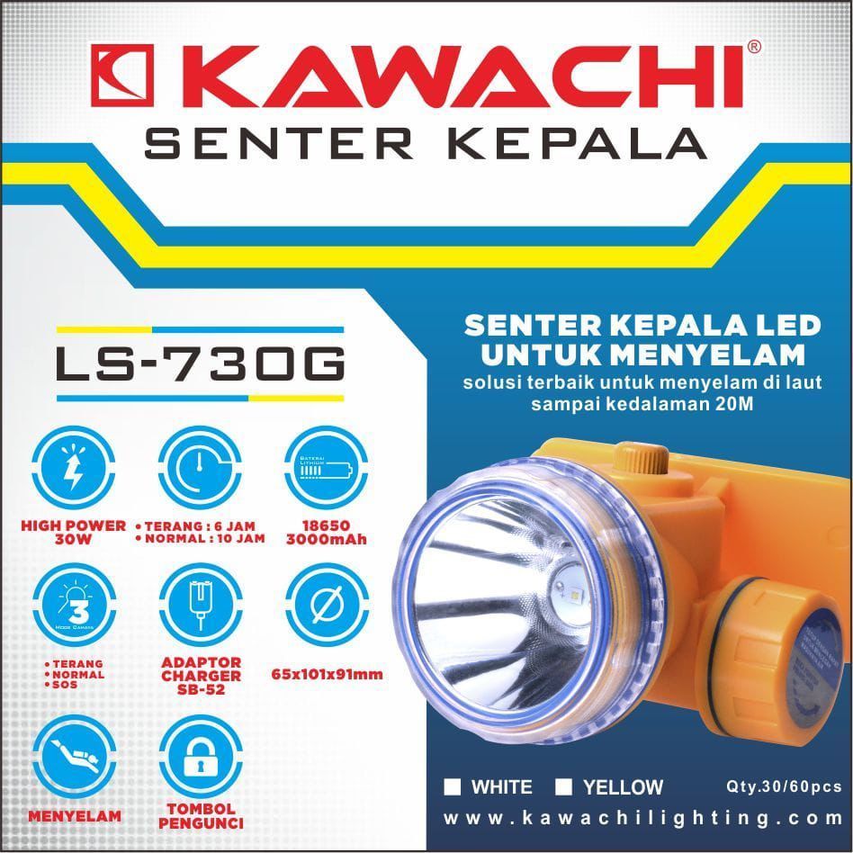 Senter Kepala Selam Kawachi Premium 30Watt High Power LED Super Terang LS 730G Kawachi / Senter Sela