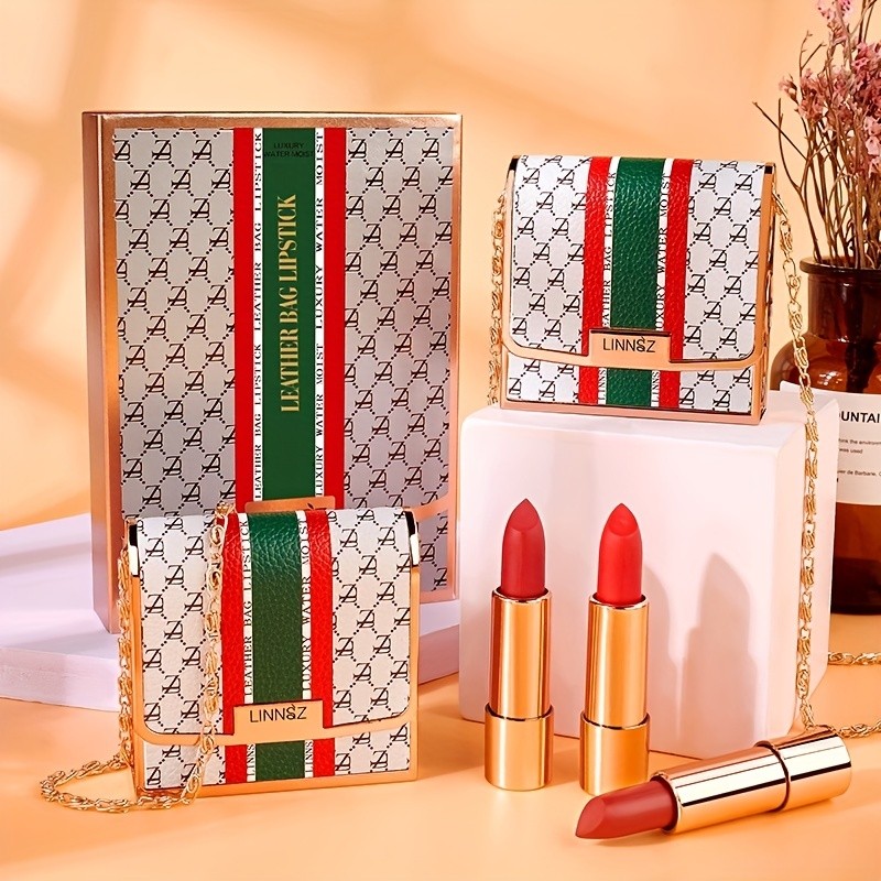 Lipstik Matte, Set Lipstik Matte 3 Warna dengan Tas Rantai, Paket Lipstik Beludru Kotak Hadiah Set T