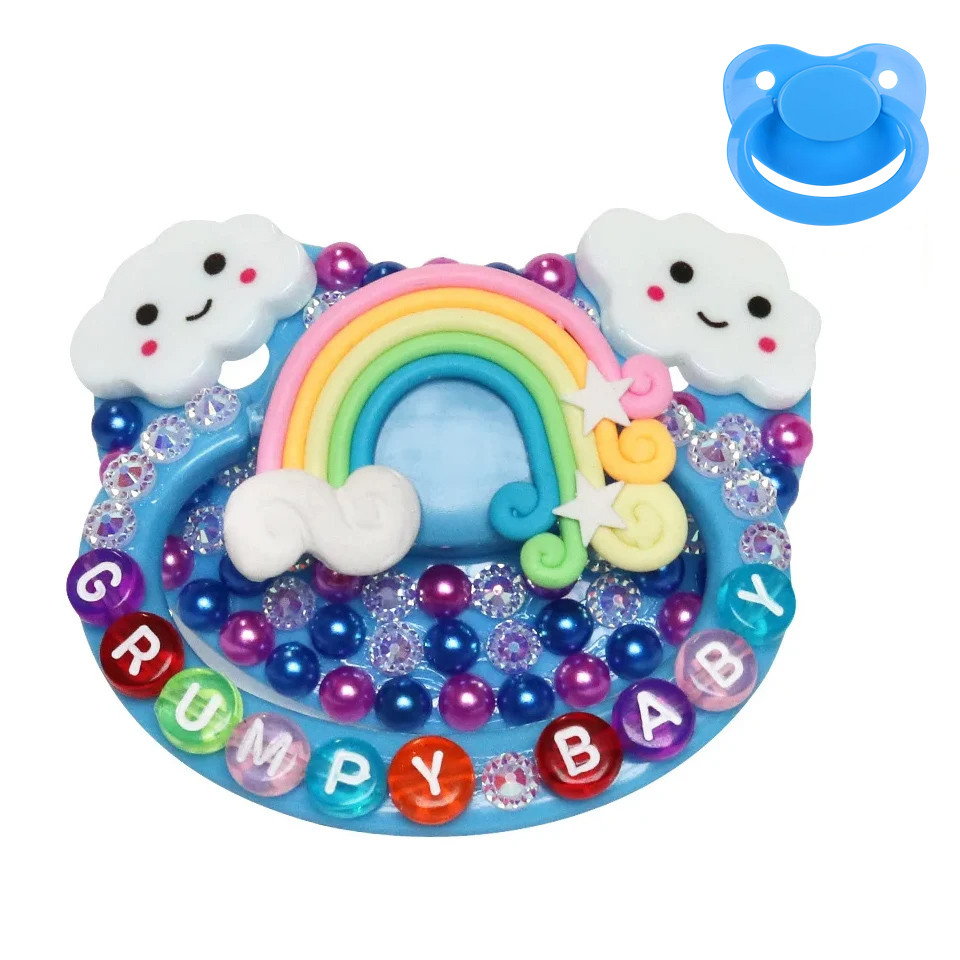 100% Handmake Cute Blue Cloud Rainbow Sleepy Bear Pattern Adult Baby Pacifier Silicone Adult size Pa