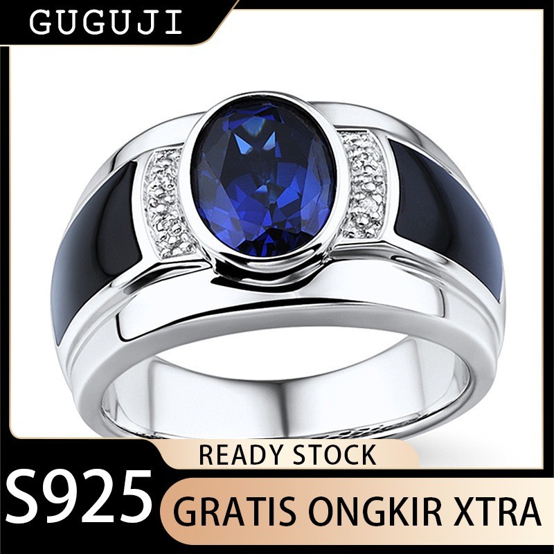 GUGUJI Cincin Mewah Fashion Platinum dengan Safir yang Dihiasi Onyx Hitam Cincin Pria Menawan
