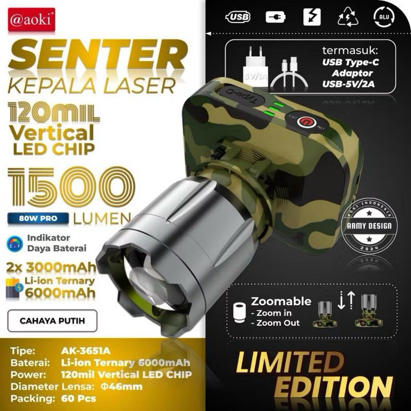 cod promo murah paket diskon% AOKI 3651 Senter Kepala LED Zoom Laser 80 Watt 1500 Lumen  Aoki AK-365