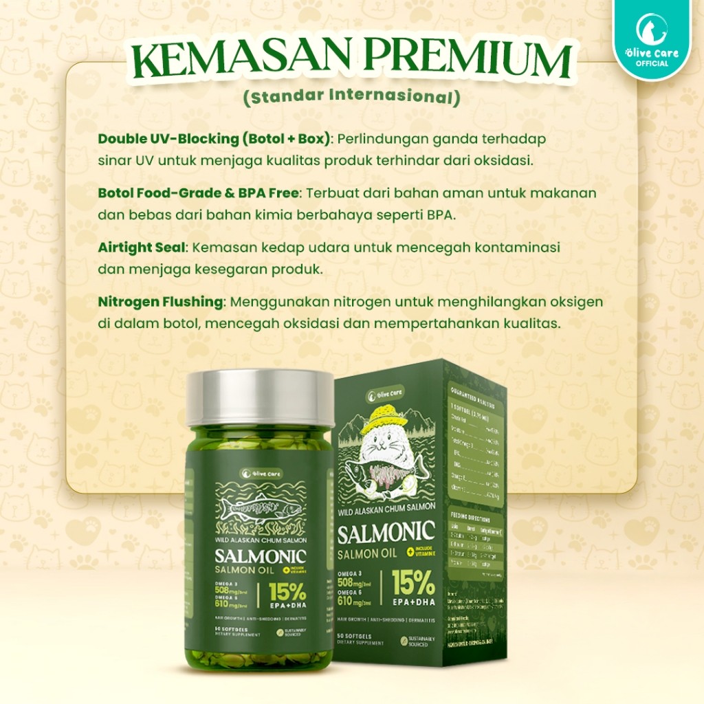 TerbaruOlive Care Vitamin Minyak Ikan Kucing SALMONIC Murni & Alami Non-GMO Tinggi Omega 3 EPA DHA O