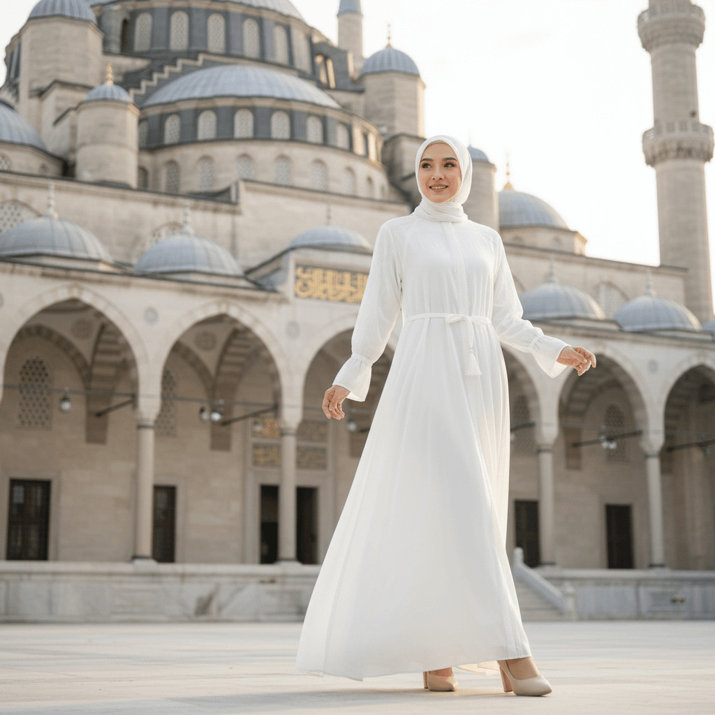 Gamis Umroh Umrah Outer Polos Putih Premium Elegan Haji Wanita Terbaru Lebaran Abaya Hitam 2026