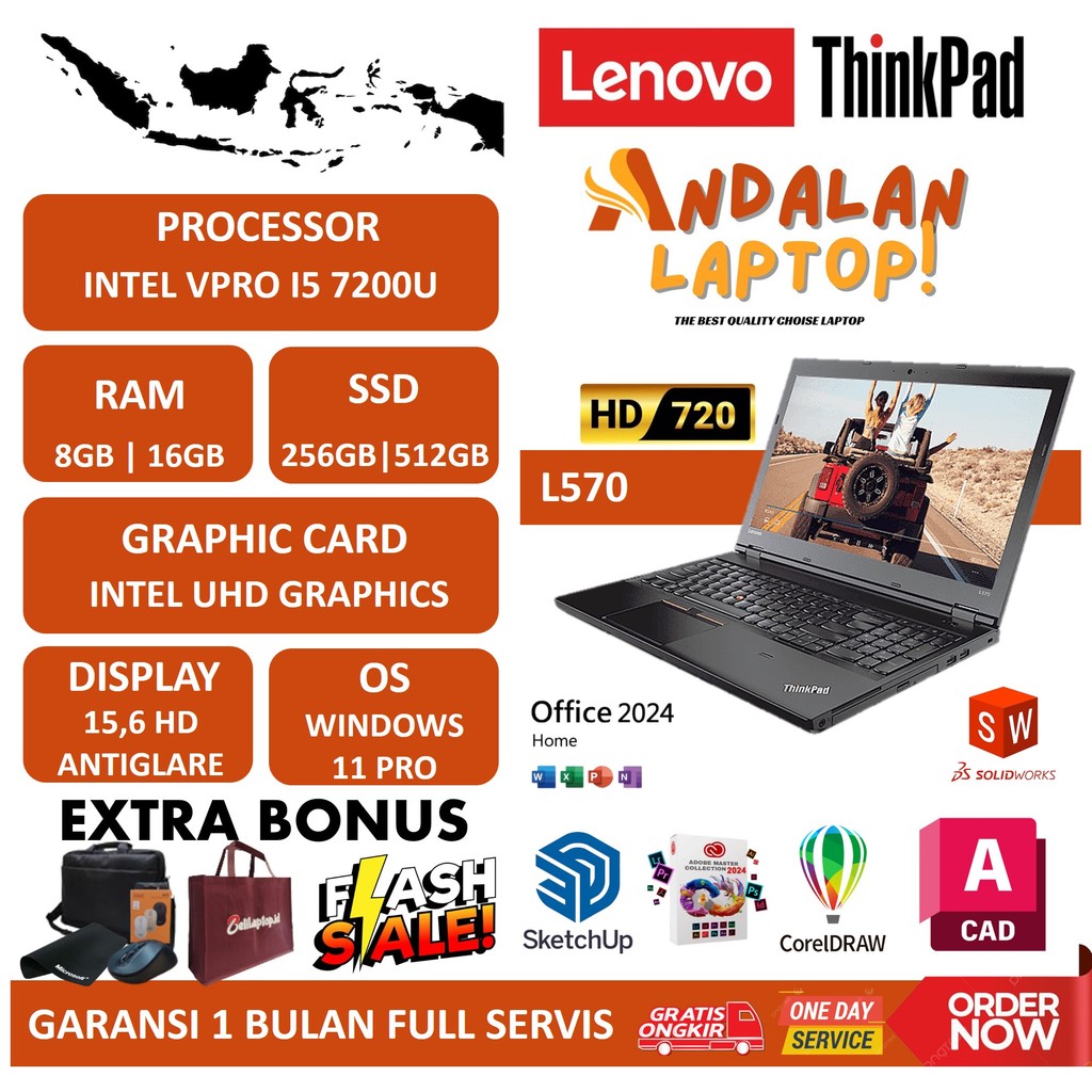 Lenovo Thinkpad intel vpro i5  L570 Ram 16GB Ssd 512GB layar 15.6 WIN 11 Pro murah ori