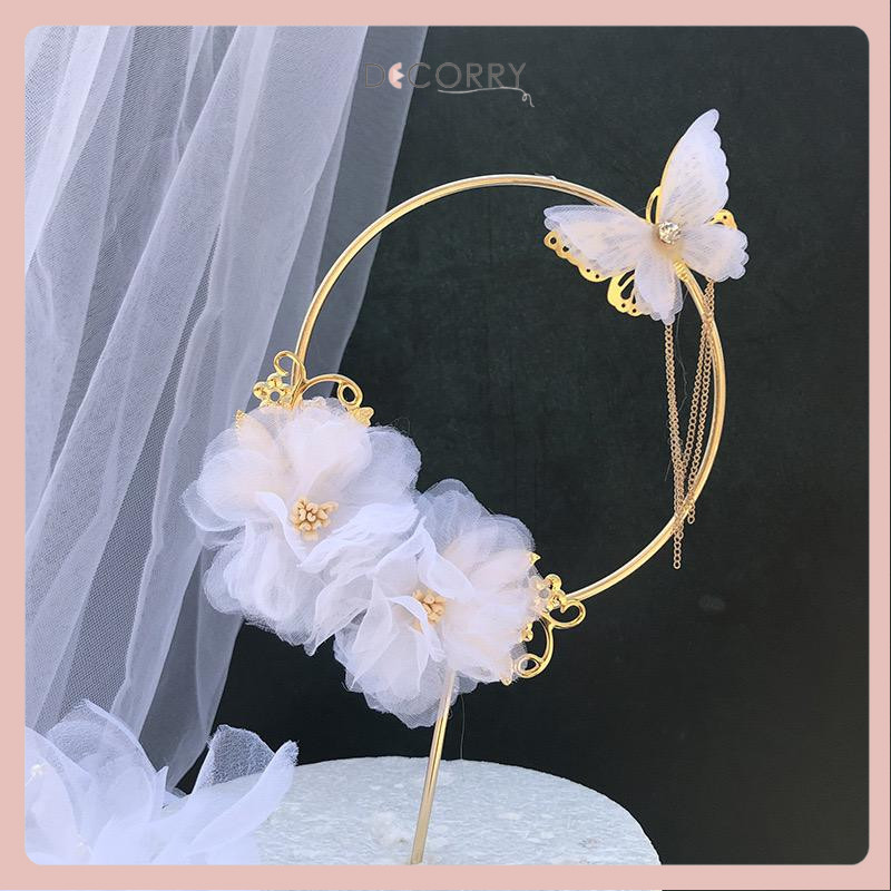 DECORRY (TP03) Topper Kue Ulang Tahun Tusuk Bulu Angsa Bulat Mutiara dekorasi Pernikahan