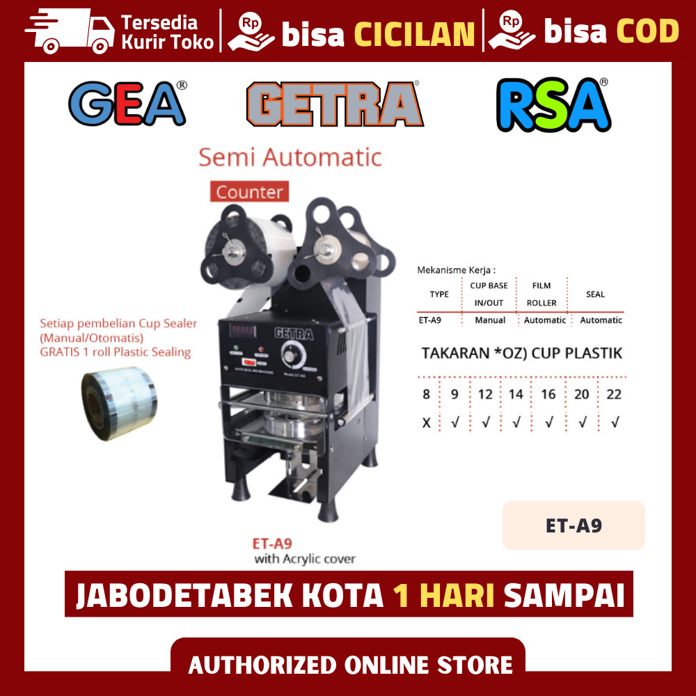 CUP SEALER SEMI OTOMATIS GETRA ET-A9 MESIN PRESS DIGITAL COUNTER GELAS UK 12OZ-22OZ ORIGINAL