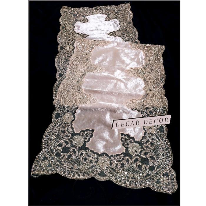 Taplak Meja Tamu Bludru Import Mewah Taplak Meja Mewah Panjang Modern - Peach, 40×150 Cm