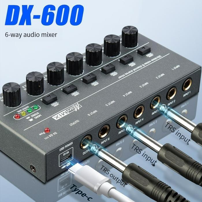 6-Channel audio mixer Upgraded DX600 Ultra Low Noise Line Mixer Mini Sound Mixer Power Supply DC5V E
