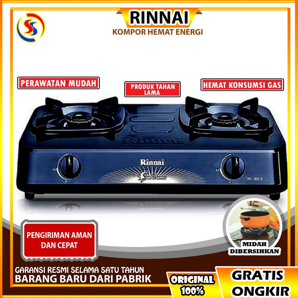 KOMPOR GAS 2 TUNGKU RINAI TEFLON STAINLESS KOMPOR GAS RINNAI 2 TUNGKU RI 302S