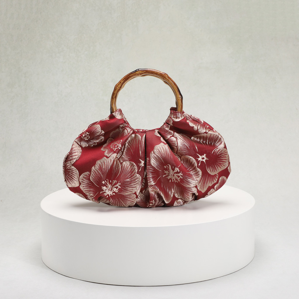 Retro bagian bambu gaya nasional tas wanita Hanfu kain tas tas tangan lipit tas tangan