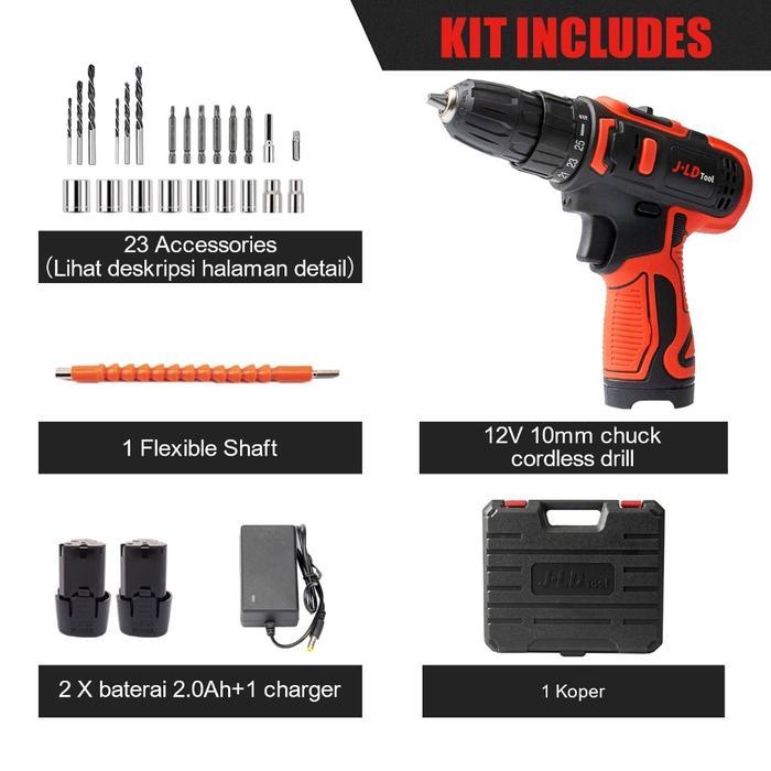 JLD 10MM CORDLESS MESIN BOR  BATERAI 12V 2Baterai CORDLESS HAND DRILL with Tool Kit Tool Kits 24 Pcs