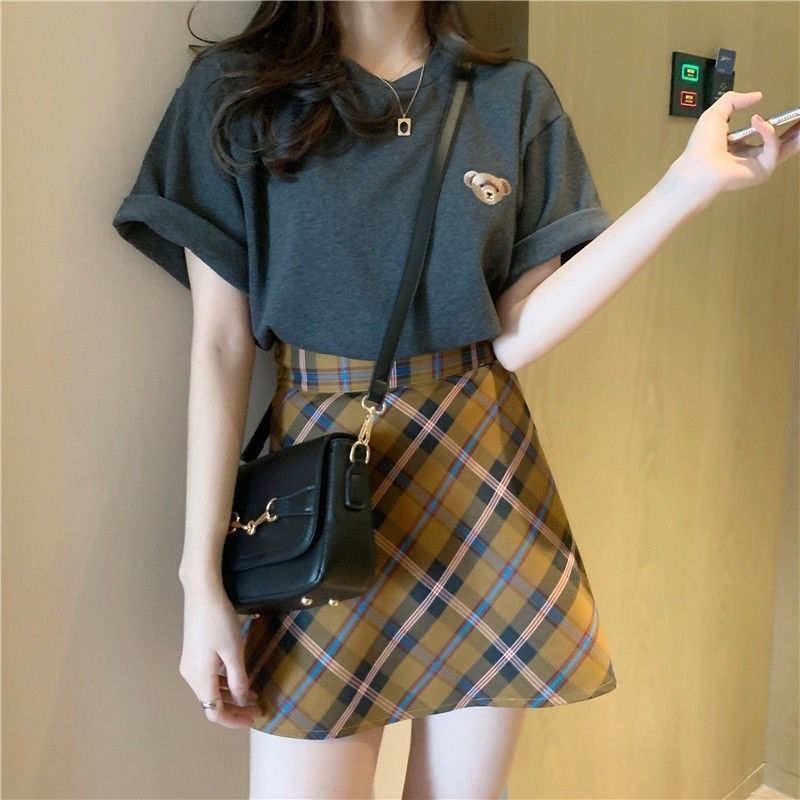 EIRU - Clover Plaid Preppy Skirt + Bear Tee Set