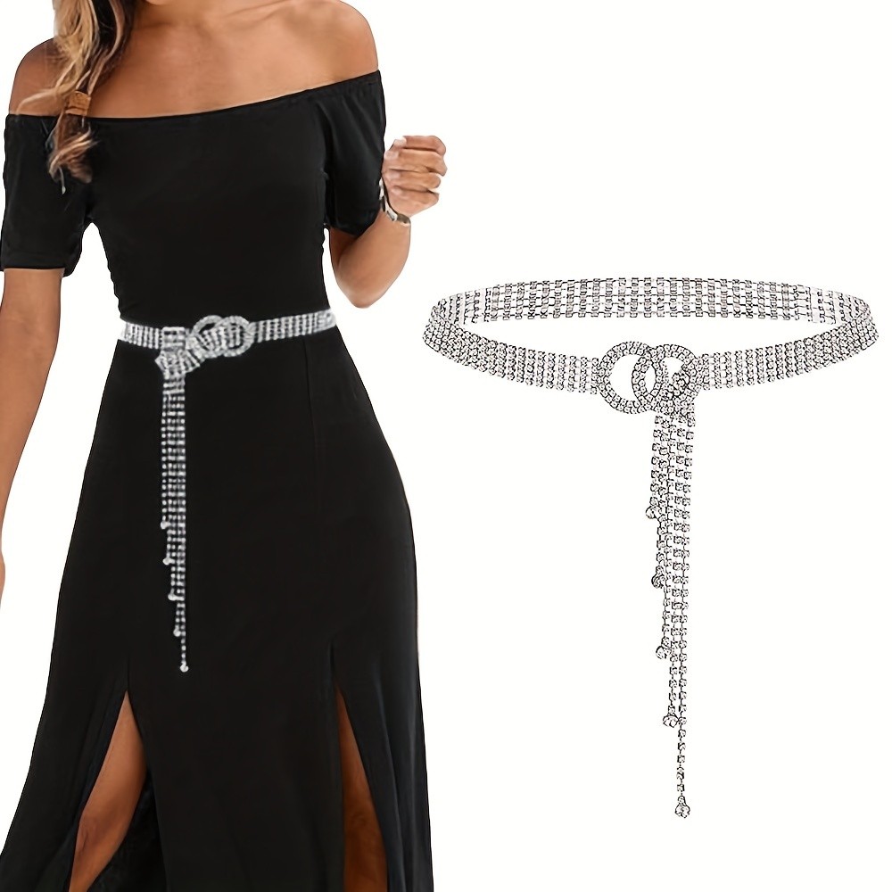 2O Elegant Rhinestone Waist ain for Women - Sparkling Double O-Ring Y2K Dress Girdle Belt