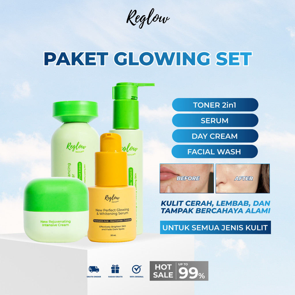 REGLOW PAKET ACNE GLOWING MENGANGKAT SEL KULIT MATI FACIAL WASH TONER 2 IN 1 SERUM DAY CREAM SALE