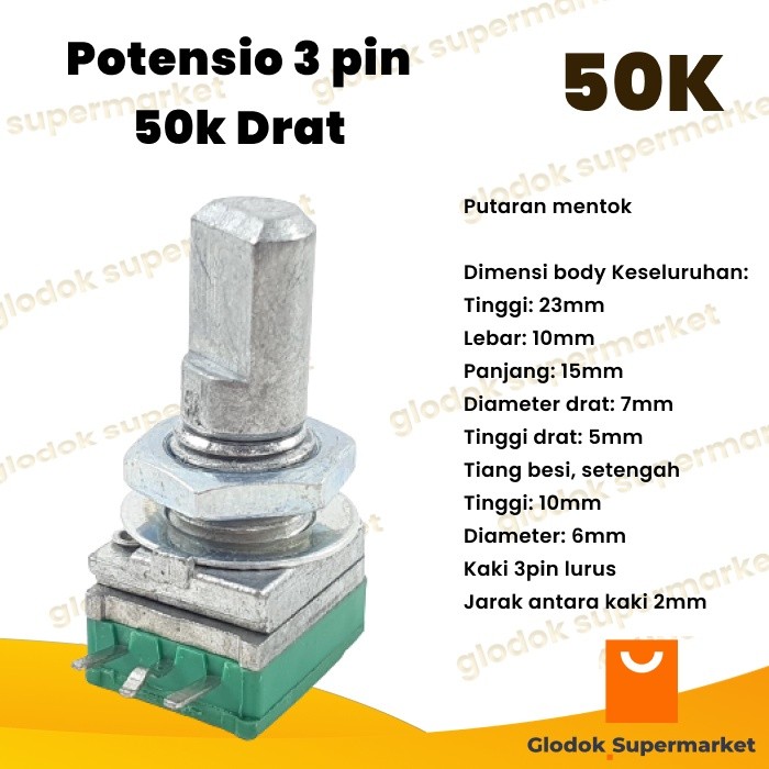 Potensio 3 pin 50k Drat Mono Kaki 3 Lurus Segi Hijau 503