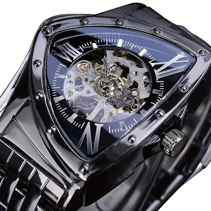 1Pc Men's Mechanical Skeleton Watch, Triangle Sports Style, Hollow Design, Stainless Steel Strap, Se