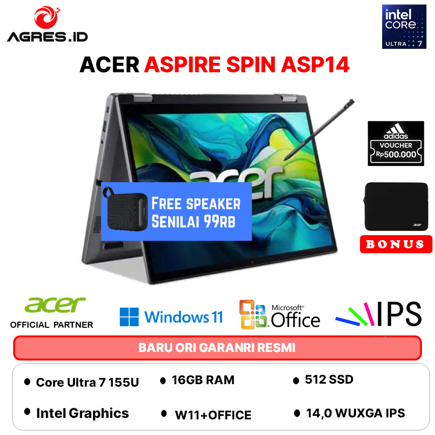 ACER ASPIRE SPIN ASP14 TOUCH ULTRA 7 155U 16GB 1TB W11PRO+OHS 14.0 WUXGA PEN 2IN1 GRY -52MTN.706P