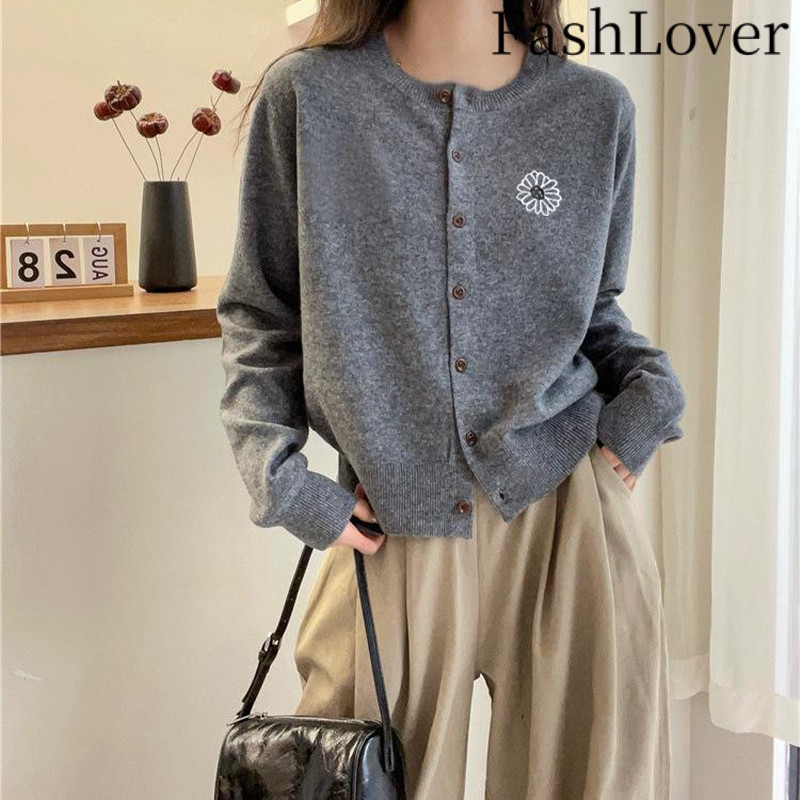 FASHLOVER Bordir Bunga Lengan Panjang Rajutan Kardigan Pendek Sweater Wanita Jaket Trendi