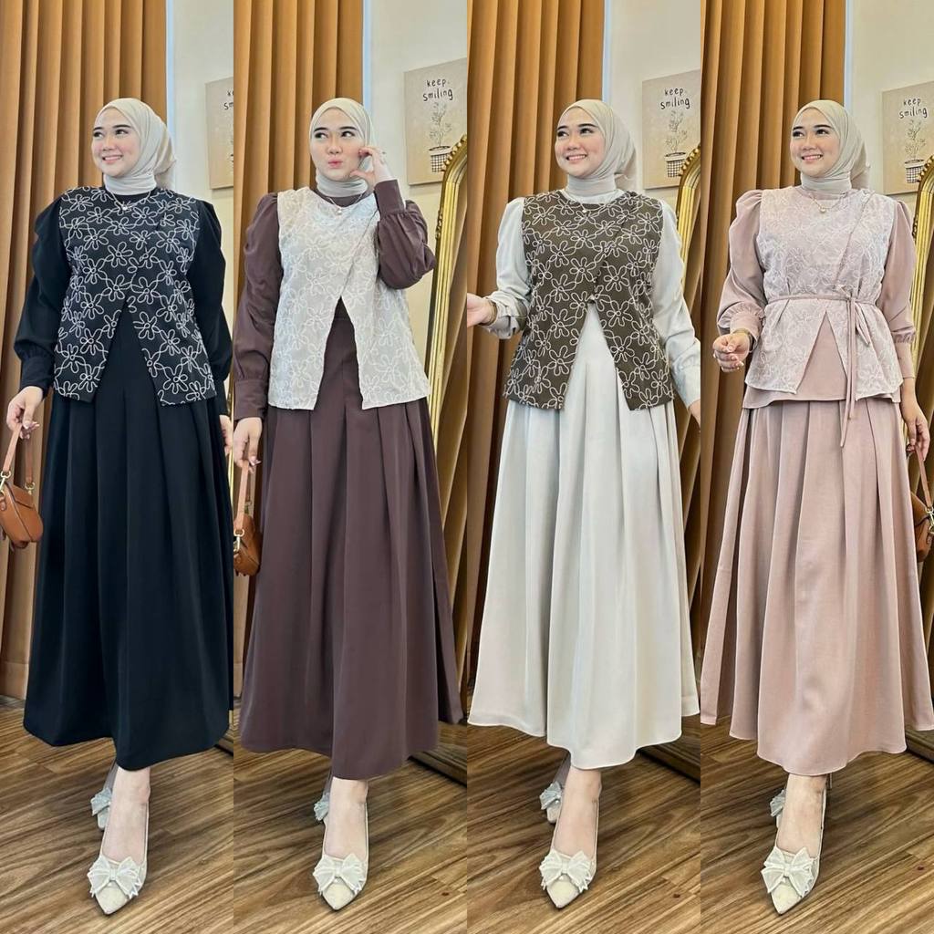 Setelan Rok Blouse Outer Jumbo | One Set Rok Muslim Wanita | Baju Bahan Shakila Premium | Revina