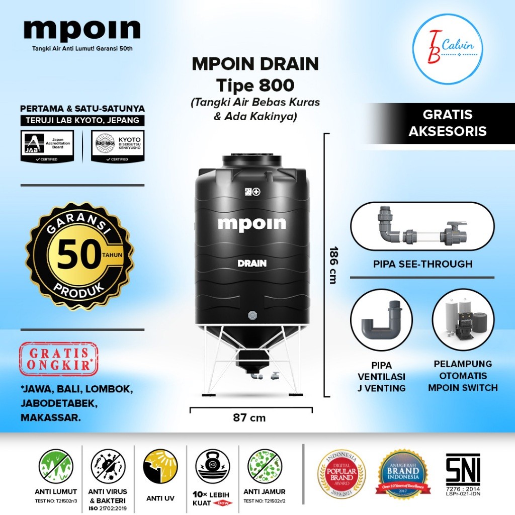 Tangki Tandon Toren Air MPOIN Plus 800 Liter Drain Kuras