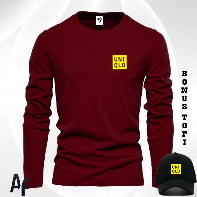 Terbaru promo Bonus Topi!! Kaos Lengan Panjang Logo Uniqlo Samping Text Kuning /Kaos pria & Wanita /