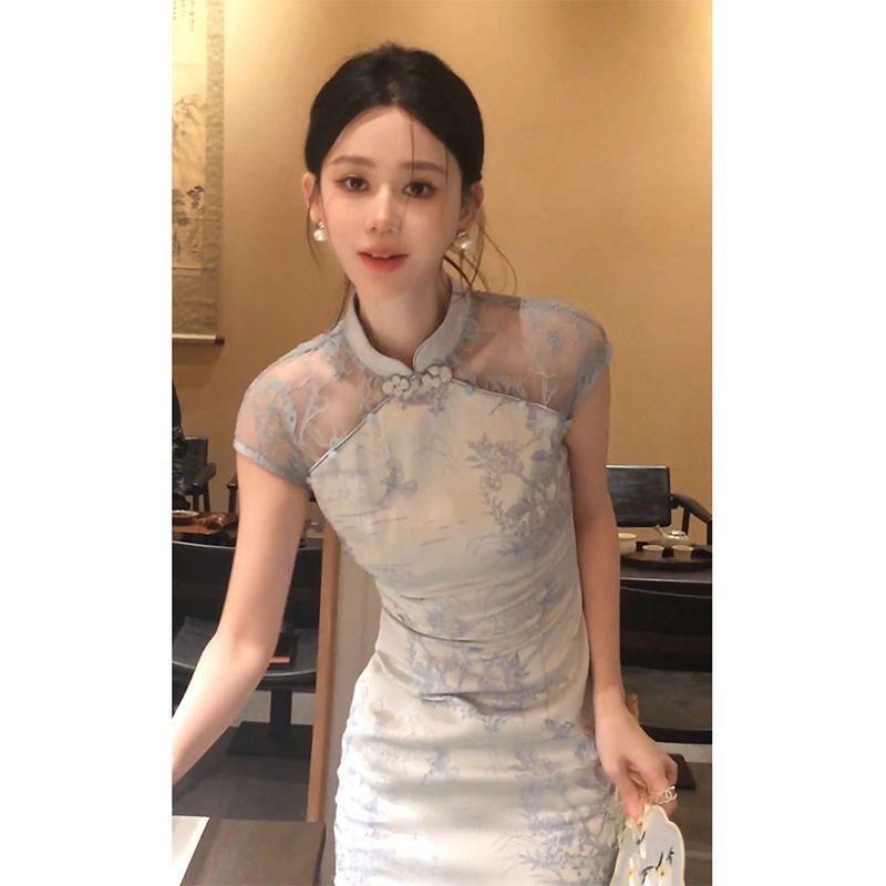 Gaun Cheongsam Biru Kancing Gaya Cina Baru Wanita Desain Remaja