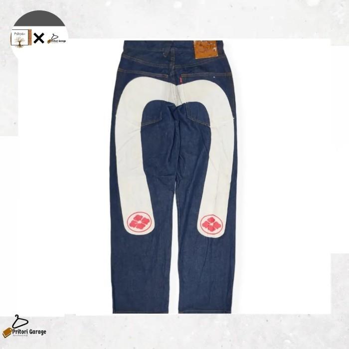 Raw Denim Jeans Tebal Evisu Big Logo Full Straight Blue Wash Color 26