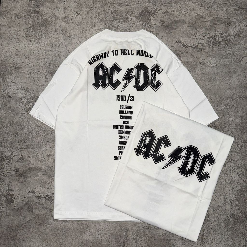 COD Baju Kaos Pull&Bear Oversize ACDC Highway to Hell World Tour - T Shirt Acdc Oversized White 20s