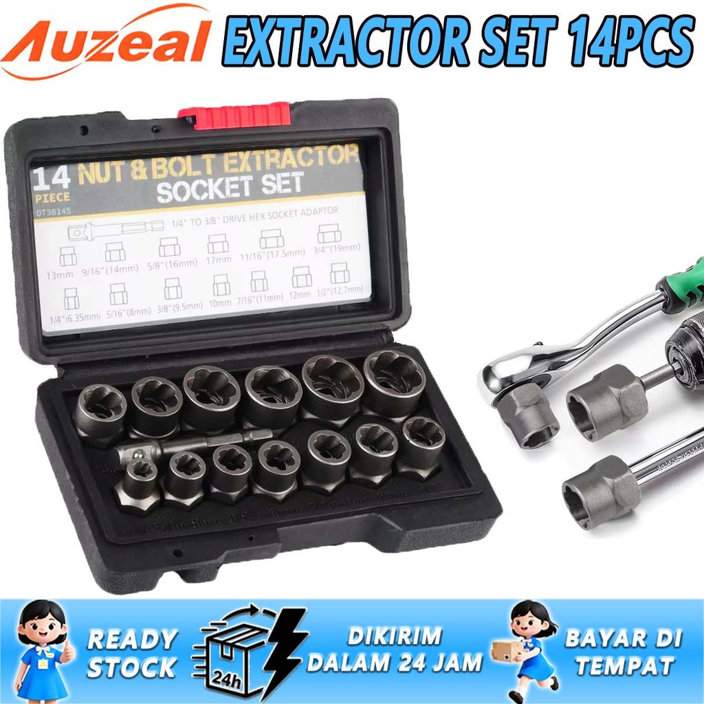 Auzeal Alat Pembuka Baut 10PCS 14 PCS Mur Hex Rusak 6mm-19mm Set Kunci Ring pass Damaged Screw