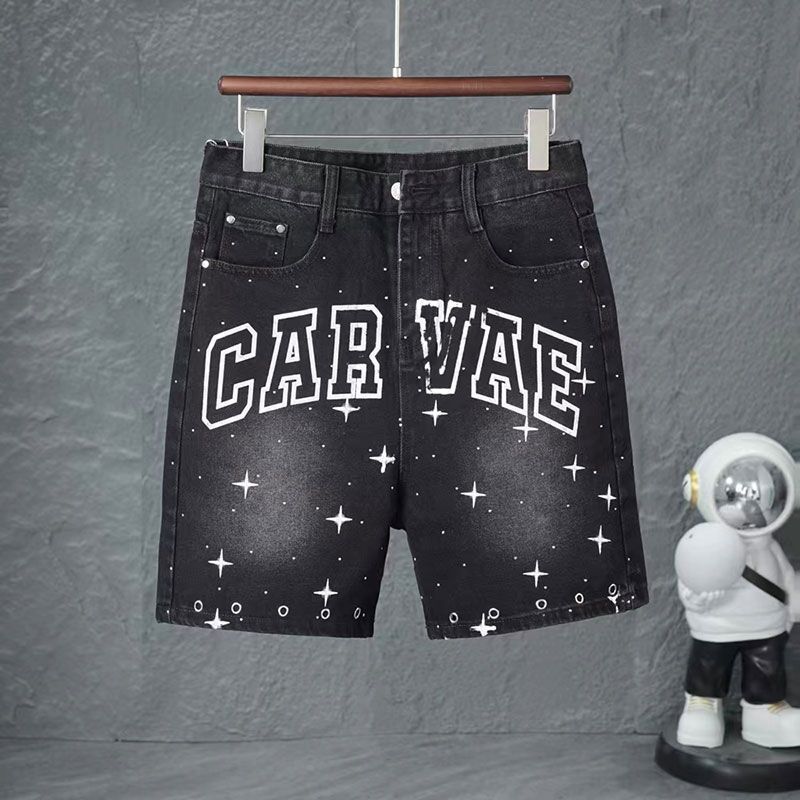 Jeans pria ramping gaya gaya Hong Kong mode mencuci dan dicelup celana pendek cetak celana pendek