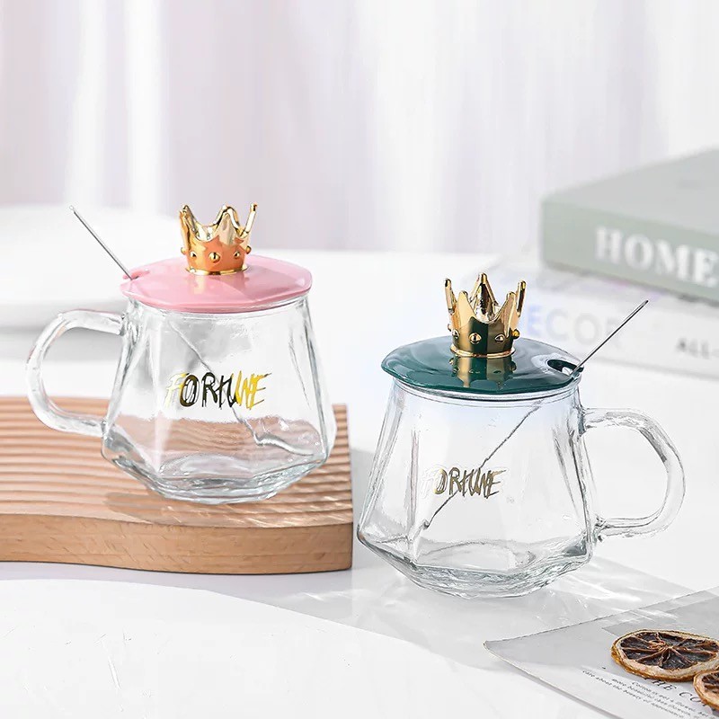 HA1565 Gelas Kaca Mahkota Couple | Mug Kaca dengan Tutup Mahkota + Sendok | Mug Pegangan | Cangkir S