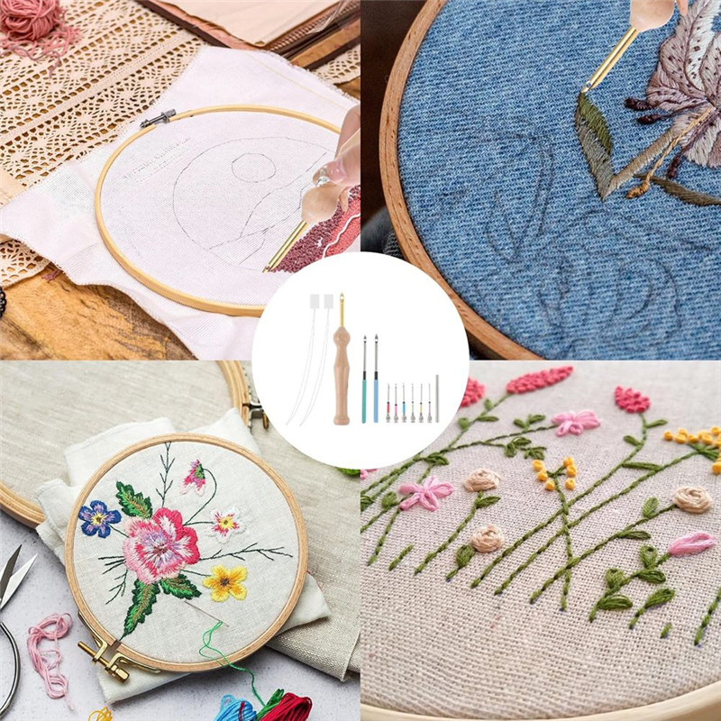 ABGH-12Pcs Punch Needle Kit, Needles Punch Adjustable Punch Needle Tool Wooden Handle Embroidery Too