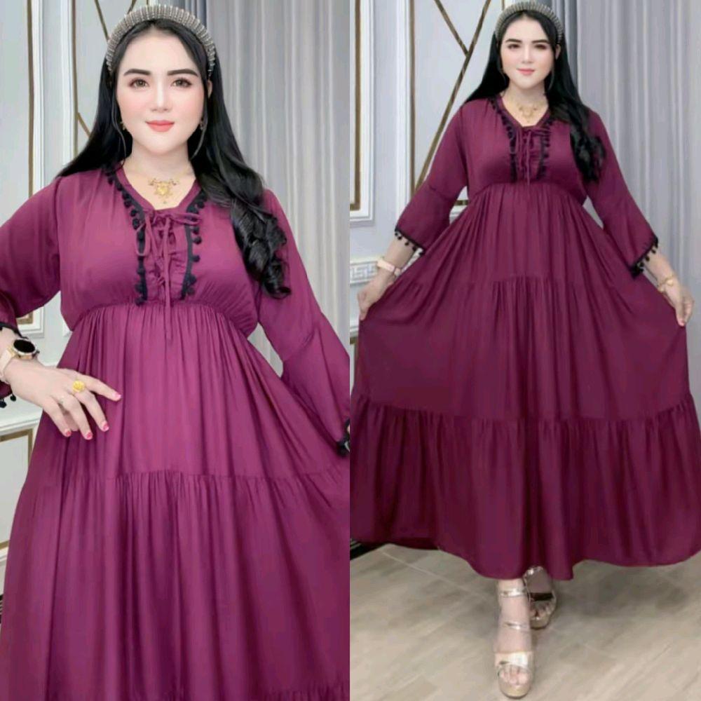 Dress Wanita Mosaki Rayon Twill Pakaian Karet Pinggang Tali Serut Pompom Hitam Bawah Bertingkat