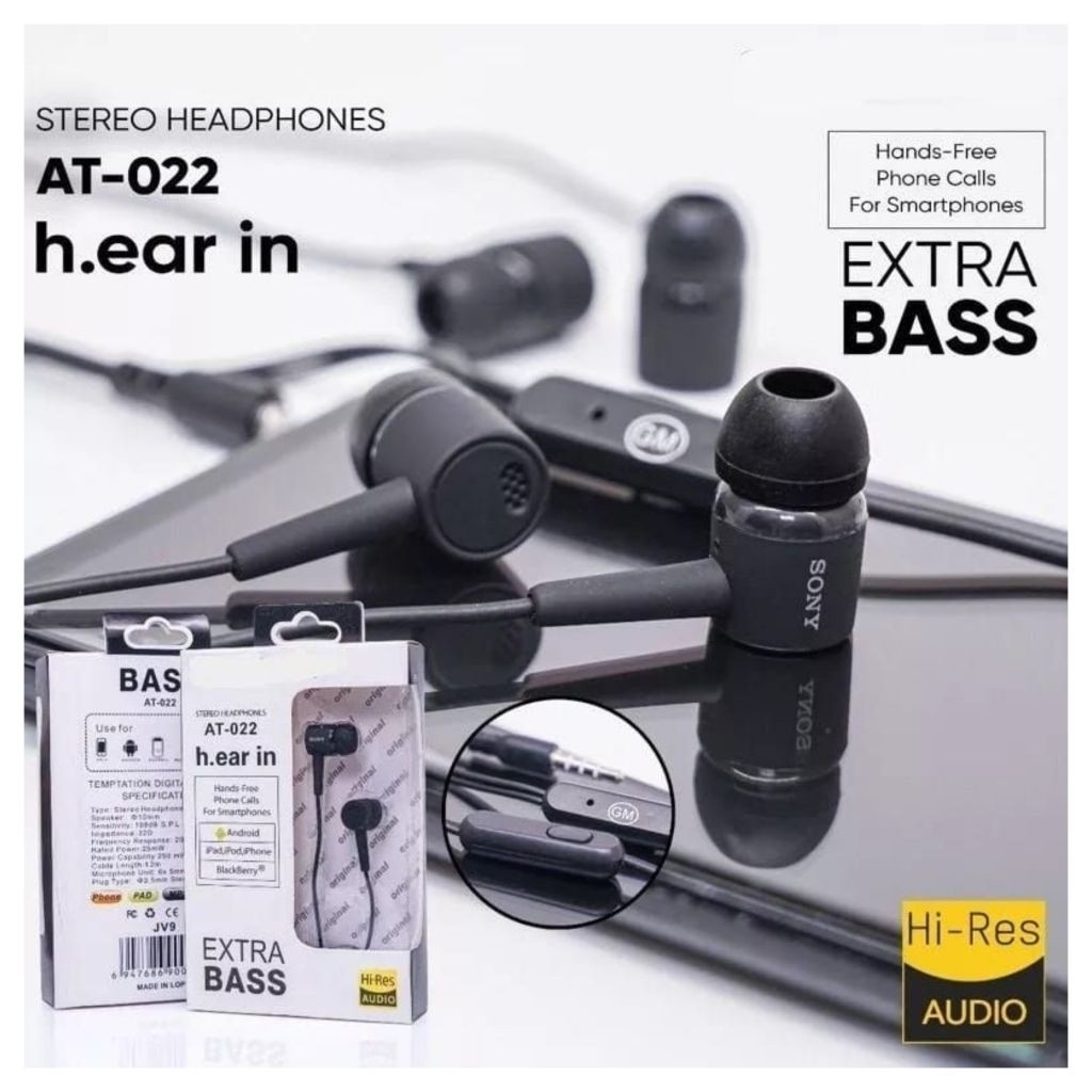 (INSTANT) SONY AT-022 BASS - Headset Extra Bass Hi-Res Audio In-Ear Stereo Headphones