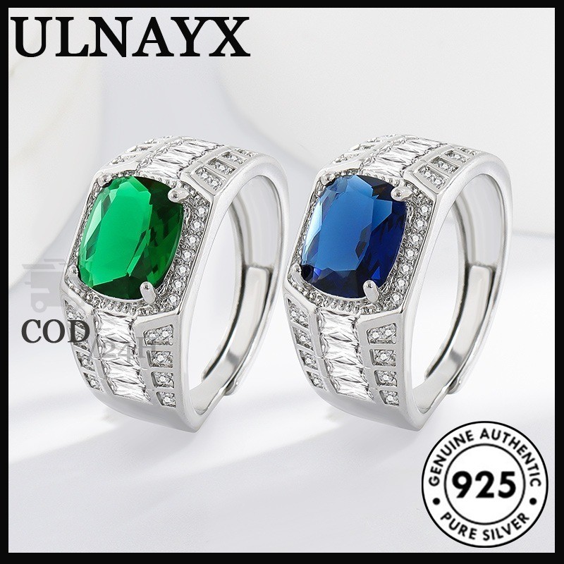 Cincin Berlian Oval Zirconium Flash Platinum Pria Biru Hijau