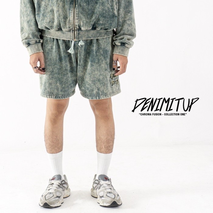 DENIMITUP - Washed chroma green sweat short - Celana pendek pria