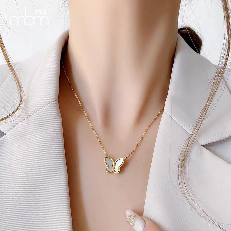 ARTZ kalung titanium fashion wanita kupu kupu putih Bahan Asli Titanium Anti Karat