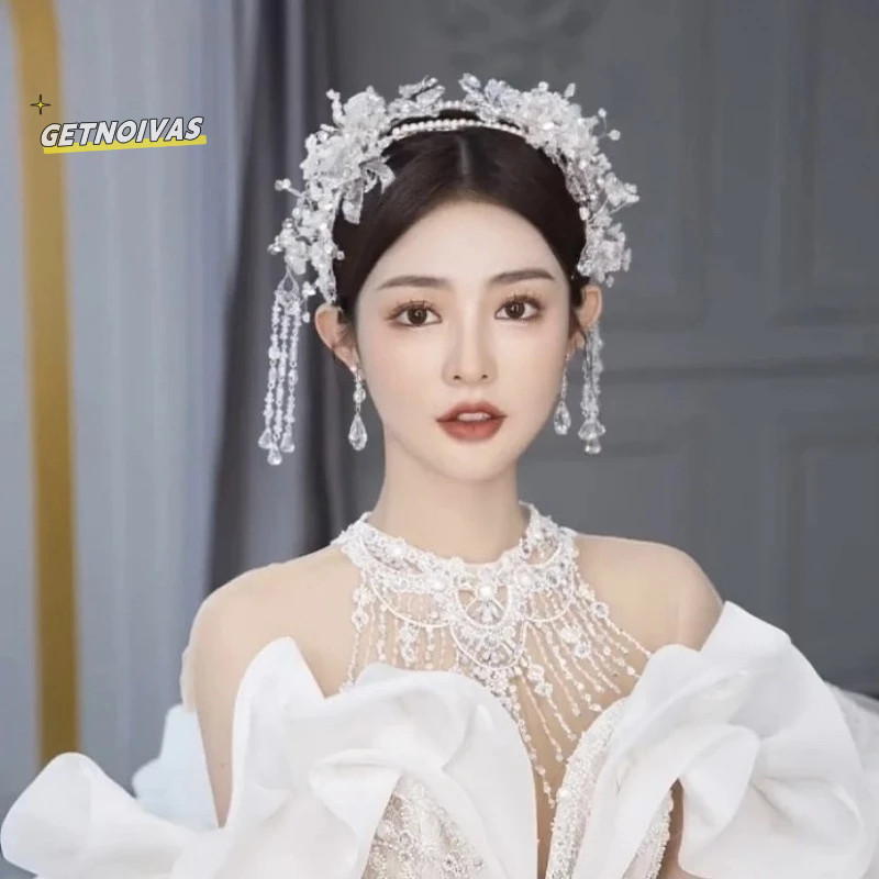 (Morenca) GETNOIVAS Tiara pengantin gaya Korea rumbai kristal super peri buatan tangan ikat kepala m