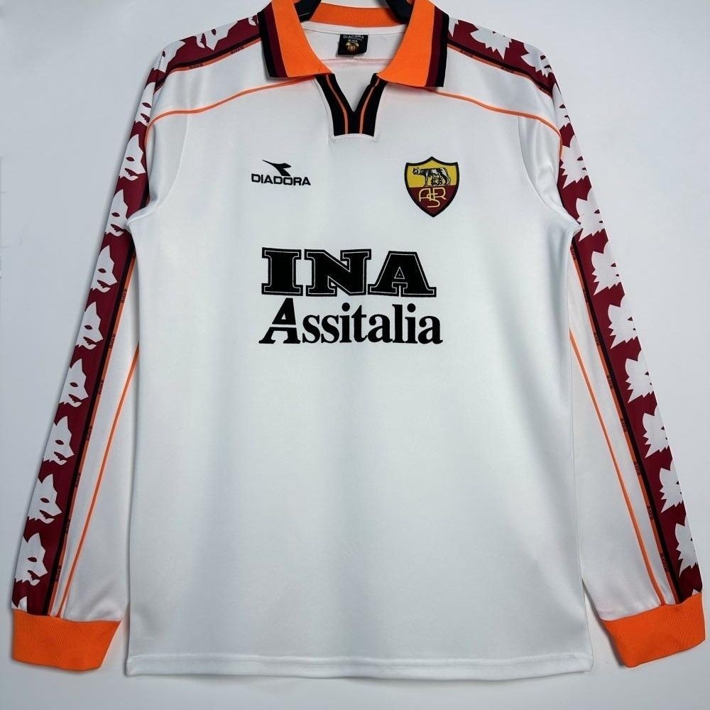 Jersey Sepak Bola Lengan Panjang Putih Retro Dewasa 1998-99 Roma Away T shirt pria