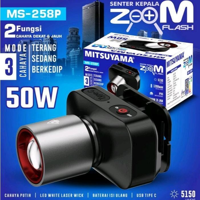 cod promo murah paket diskon% Mitsuyama MS-258P Senter Kepala Zoom 50 Watt Led Cahaya Putih Tahan Hi