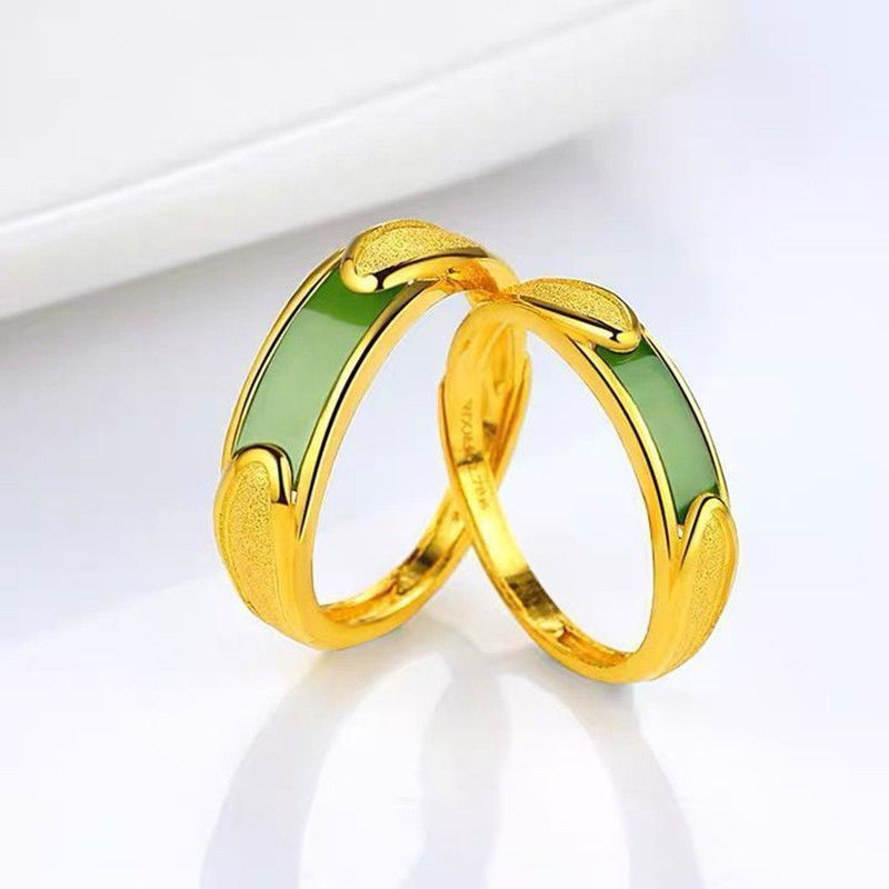 Cincin Jade Hetian Imitasi Berlapis Emas Cincin Terbuka yang Dapat Disesuaikan untuk Pria dan Wanita
