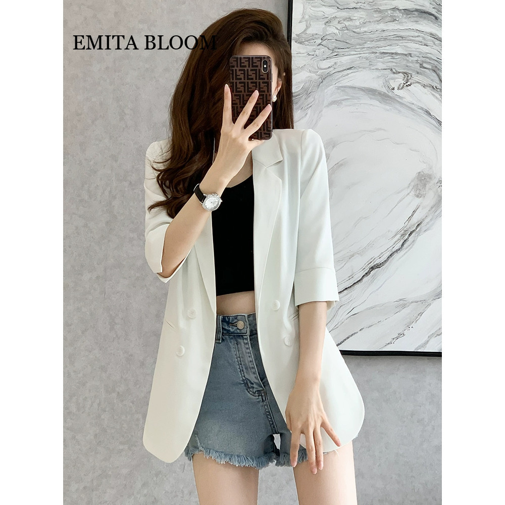 jaket outer putih wanita korean style summer oversize outer lengan pendek