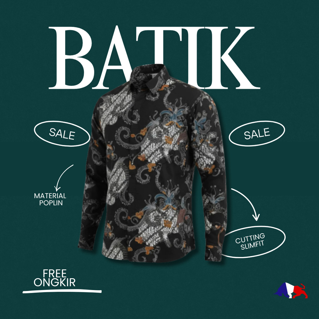 RICARDO Kemeja Batik Slim Fit Grey – Cotton Poplin, 1 Saku , Stylish & Cool 32580