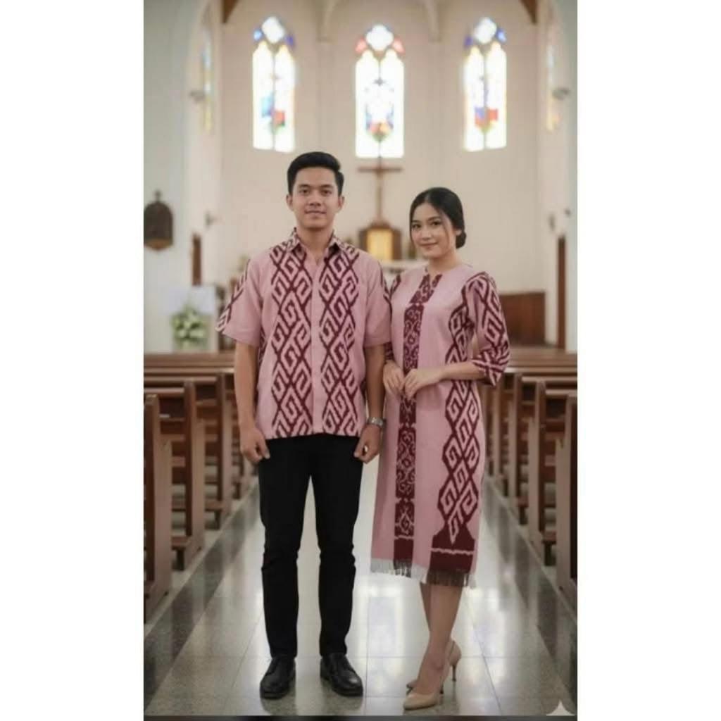Set Keluarga/Seragam Keluarga Batik Tenun Blanket Halusan Motif Toraja Pink-Kemeja Tenun-Dress Tenun