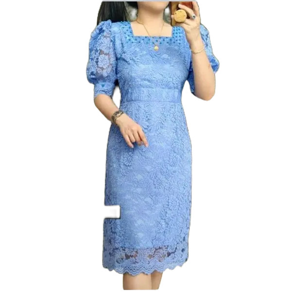 WF DRESS BROKAT/BAJU PESTA RENDA WANITA/TUNIK RENDA VIRAL TANGAN BALON MUTIARA ATASAN WANITA