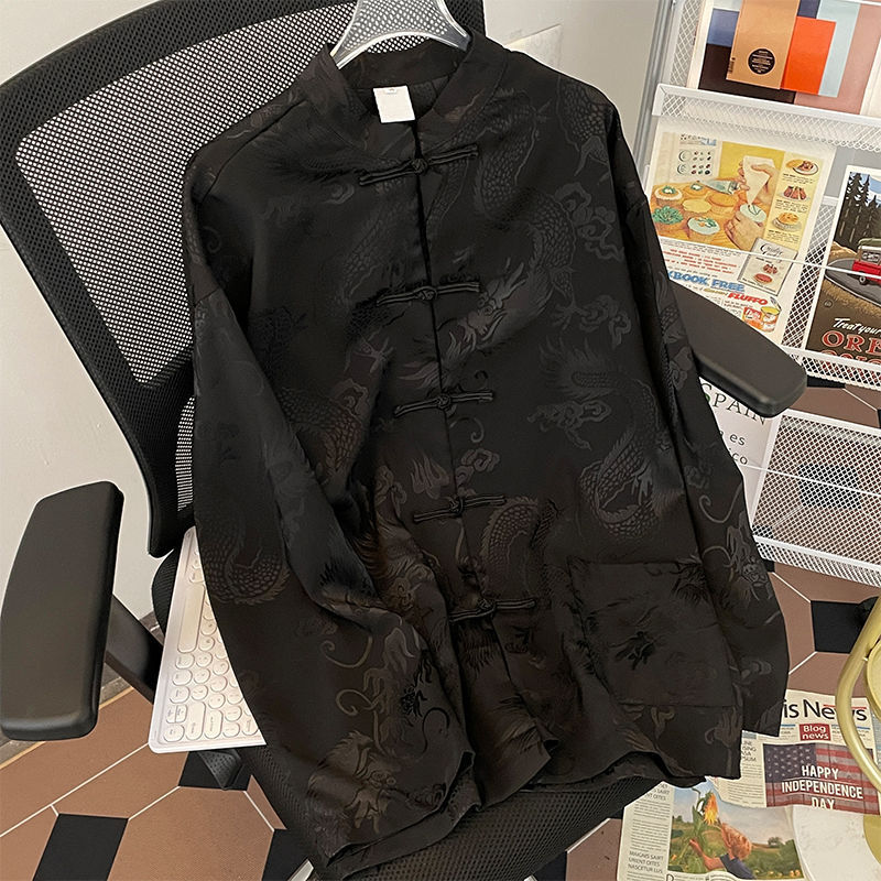 Kemeja Sutra Es Pria Pola Naga Gelap Kancing Pelat Kemeja Santai Musim