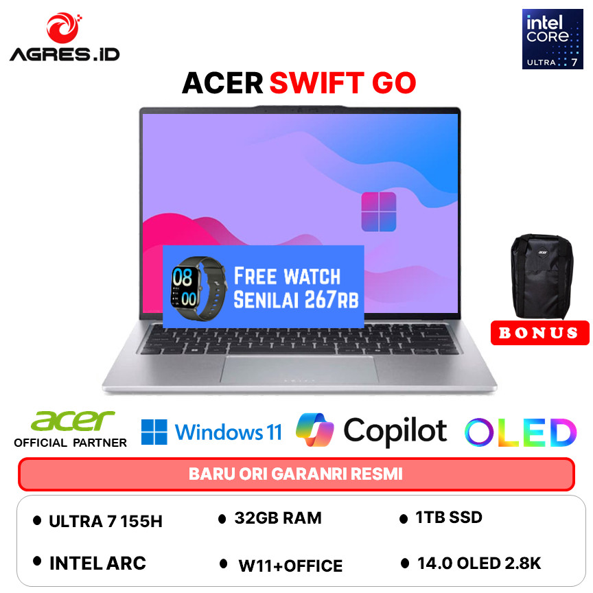 ACER SWIFT GO OLED SFG14 ULTRA 7 155H 32GB 1TB W11+OHS 14.0 2.8K 90HZ EVO 2Y+ADP -73.731A