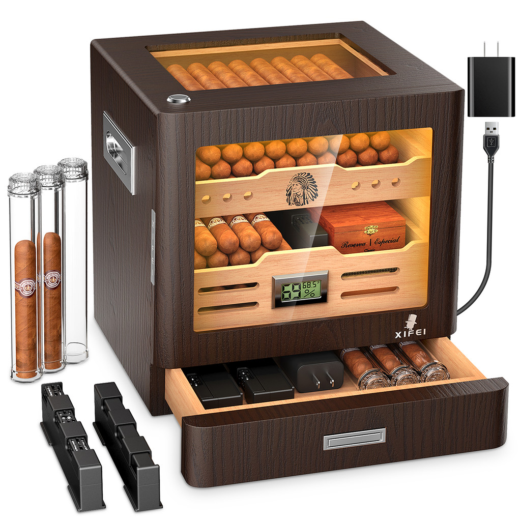Cigar Humidor Cabinet,LED Lighting,gital Hygrometer,2 Humifiers,Cigar Tube,Desktop,Cedar Wood,with D