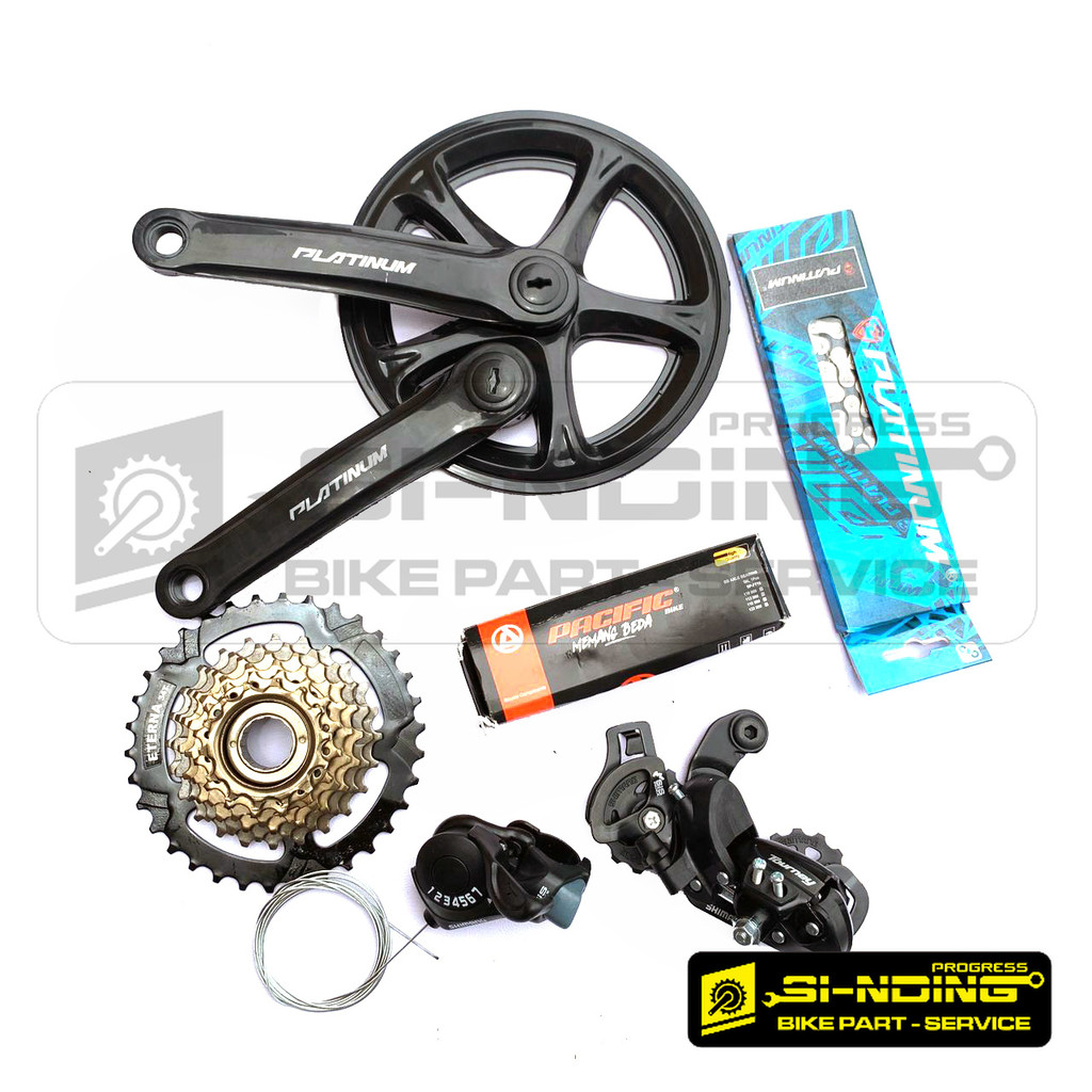 Groupset Crankset Gear Sepeda MTB 1 X 7 Speed Platinum 44T BB Pacific TY300 Eterna Megarange Drat/Ul